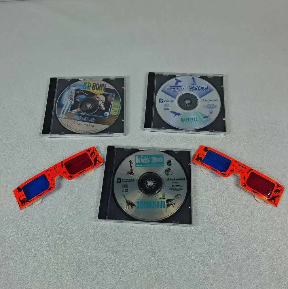 Vtg Packard Bell CD-ROM Game Lot 3-D Body Dinosaur Kids Zoo Space 3D Glasses